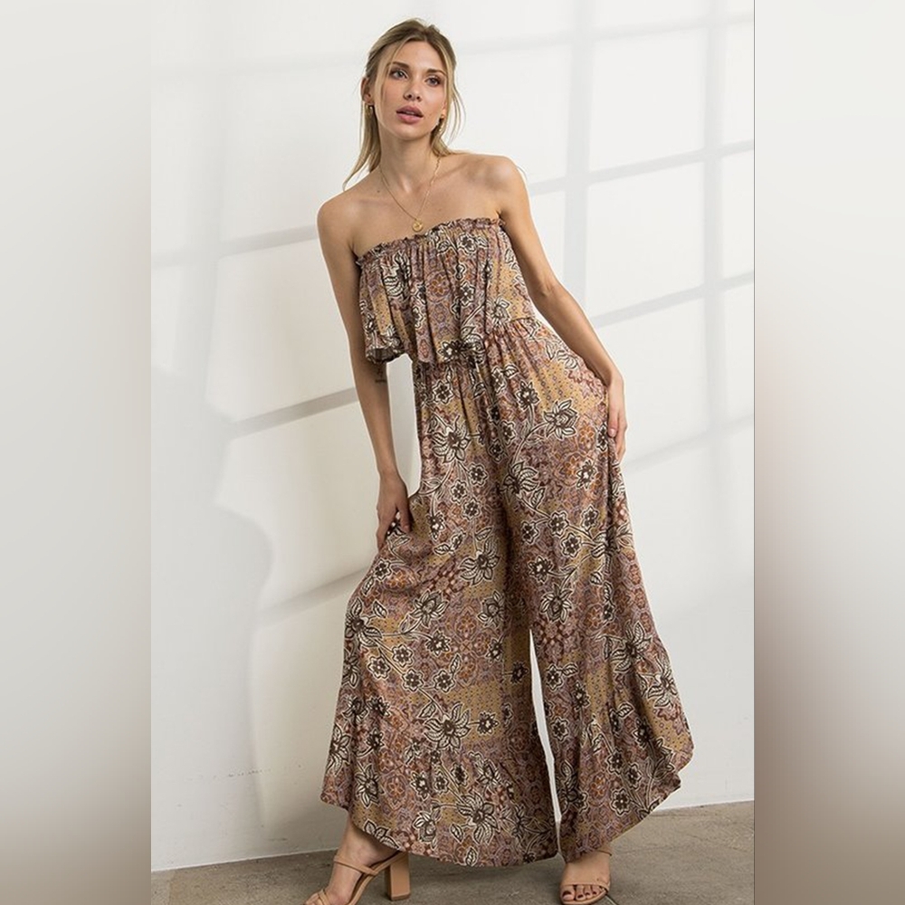ILLA ILLA Strapless Ruffled Brown Boho 'Mocha Lotus' Wide Legged Jumpsuit Size M